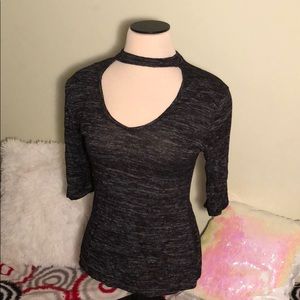 Marbled V Neck Cut Out Choker Shirt